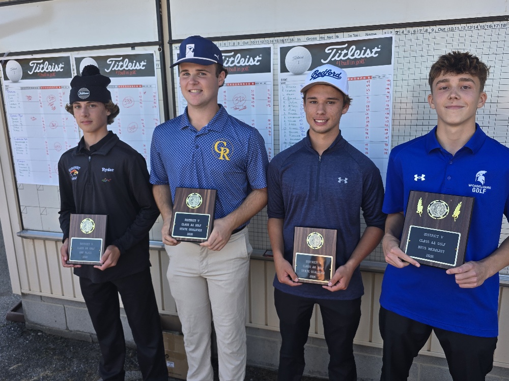 Boys individual golf finishers Ryder Shumaker of Somerset, Colton Boozer of Chestnut Ridge, Trenton Ripple of Bedford and Parker Oakman of McConnellsburg holding District V awards